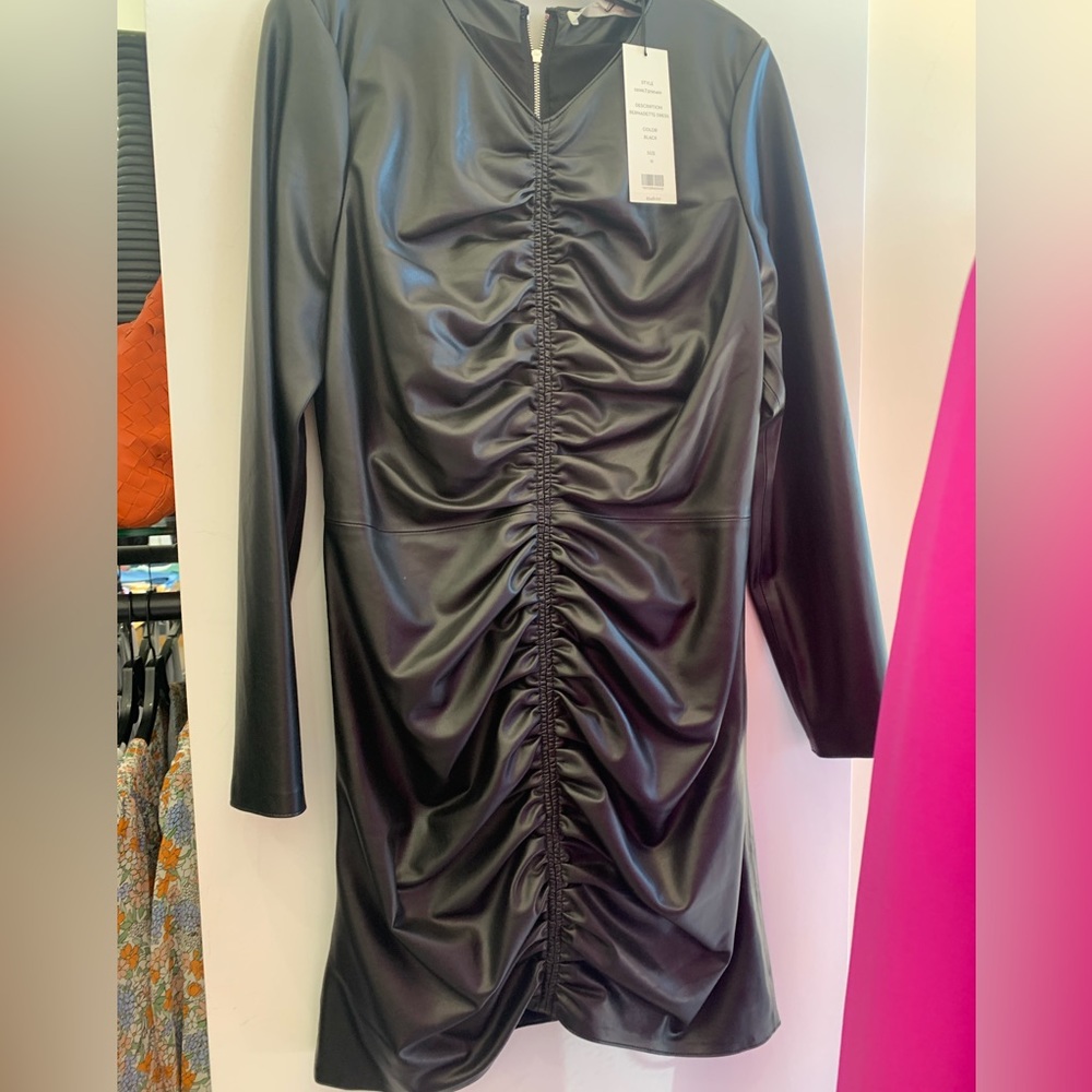 Veronica Beard Black Faux Leather Ruched Front Dress